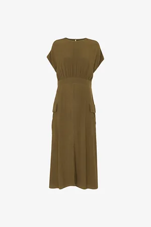Whistles Womens Patch-Pocket Round-Neck Woven Midi Dress
