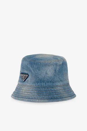 Prada Womens Brand-Plaque Wide-Brim Denim Bucket Hat
