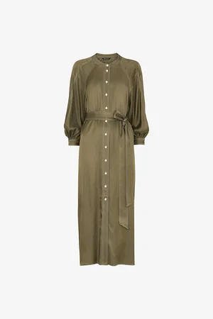 Whistles Womens Mabel Belted-Waist Top-Stitch Woven Midi Dress