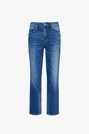 GOOD AMERICAN Womens Contrast-Stitch Straight-Leg High-Rise Stretch-Denim Jeans