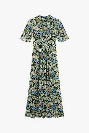LK Bennett Womens Thelma Floral-Print Tie-Neck Woven Midi Dress