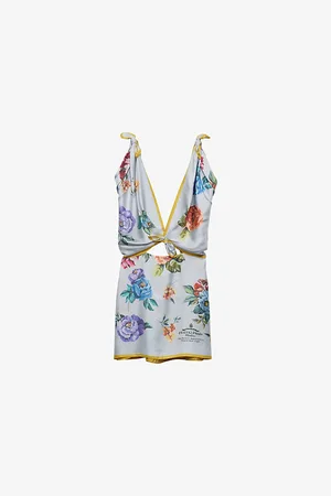 Prada Womens Floral-Print Plunge-Neck Silk Mini Dress