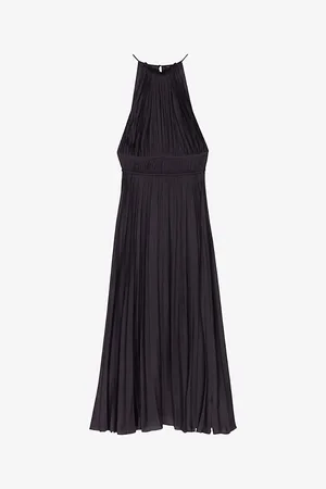 Maje Womens Villy Halter-Neck Pleated Satin Maxi Dress