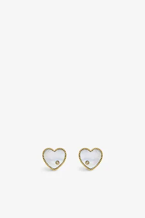 YVONNE LÉON Heart 9ct Yellow-Gold, 0.02ct Brilliant-Cut Diamond and Mother-Of-Pearl Stud Earrings