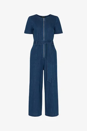 Whistles Womens Short-Sleeve Zip-Up Denim Jumpsuit