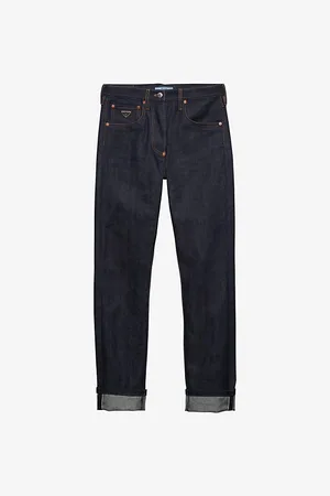 Prada Womens Logo-Plaque Contrast-Stitch Straight-Leg Jeans