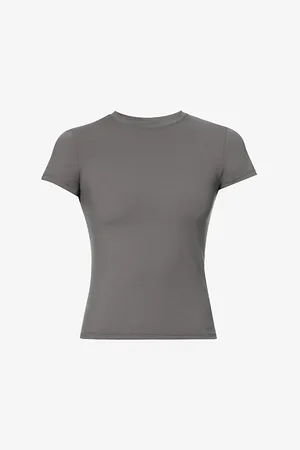 Adanola Womens Fitted Logo-Print Stretch-Woven T-Shirt