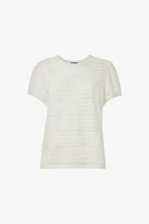 Whistles Womens Broderie Puff-Sleeve Relaxed-Fit Stretch-Cotton Top