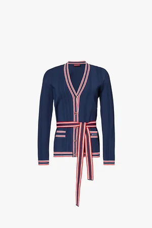 Gucci Womens Brand-Embroidered Tie-Belt Woven-Blend Cardigan