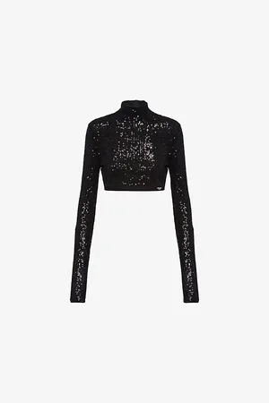Prada Womens Sequin-Embellished Turtleneck Woven Top