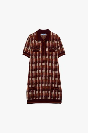 Prada Womens Houndstooth Short-Sleeve Wool-Knit Mini Dress