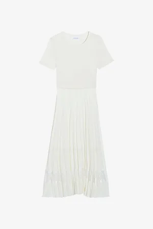 Claudie Pierlot Womens Lace-Insert Pleated Cotton Midi Dress