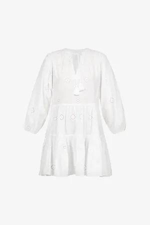 Seafolly Womens Embroidered Puff-Sleeves Cotton Mini Dress