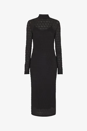 Whistles Womens High-Neck Long-Sleeve Textured Knit Midi Dress