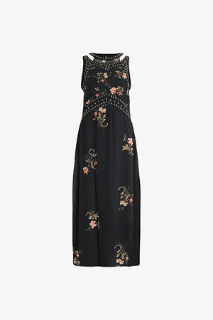 AllSaints Womens Jessie Tanana Floral-Print Stud-Embellished Woven Midi Dress