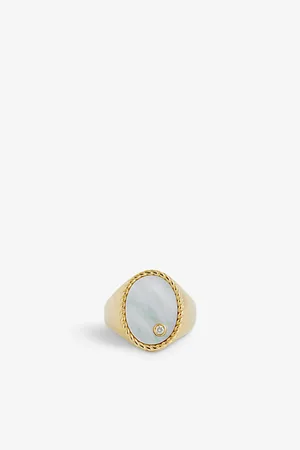YVONNE LÉON Oval 9ct Yellow Gold, 0.015ct Diamond and Mother-Of-Pearl Signet Ring