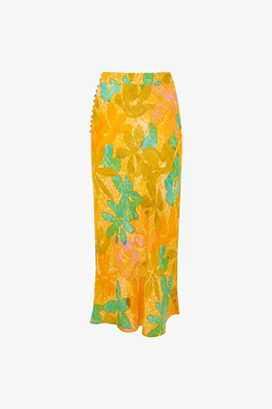Whistles Womens Palm Floral-Print Button-Embellished Woven Midi Skirt
