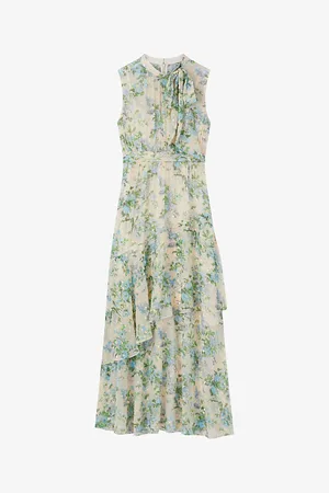 LK Bennett Womens Robyn Neon-Print Tie-Neck Silk Maxi Dress