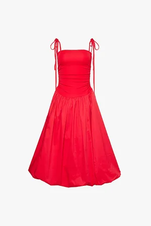 Amy Lynn Womens Ruched-Side Strapless Puffball Cotton Midi Dress