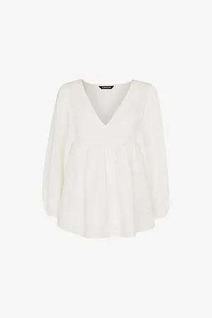 Whistles Womens Gloria V-Neck Balloon-Sleeve Cotton and Linen-Blend Blouse