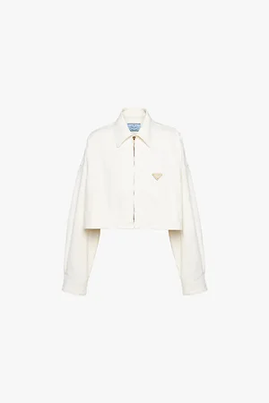 Prada Womens Brand-Plaque Cropped Denim Jacket