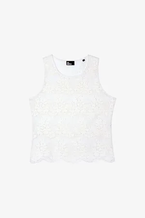 The Kooples Womens Round-Neck Scalloped-Hem Stretch-Lace Top