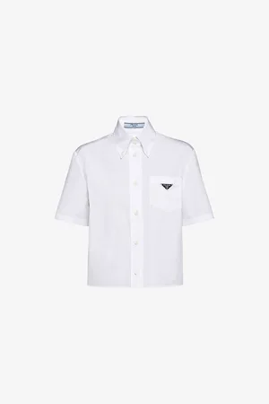 Prada Womens Logo-Plaque Cropped Cotton Shirt