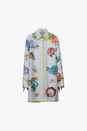 Prada Womens Floral-Print Long-Sleeve Silk-Twill Mini Dress
