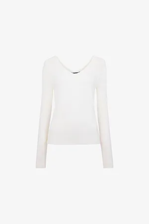 Whistles Womens Essential Slim-Fit Long-Sleeve Ribbed Stretch-Woven Top