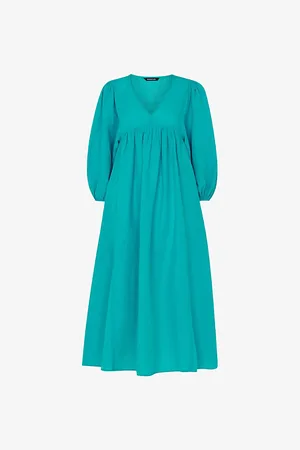 Whistles Womens Gloria Puff-Sleeve Relaxed-Fit Linen and Cotton-Blend Midi Dress