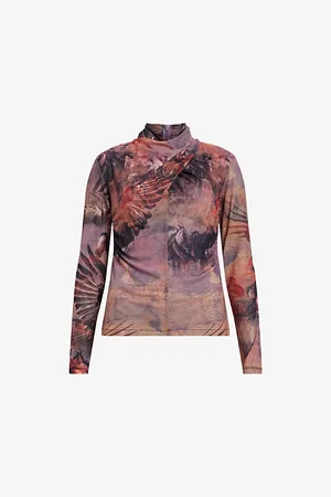 AllSaints Womens Tia Colca Twist-Neck Graphic-Print Stretch-Mesh Top
