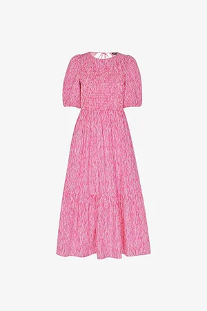 Whistles Womens Uneven Lines Graphic-Print Shirred-Bodice Cotton Midi Dress