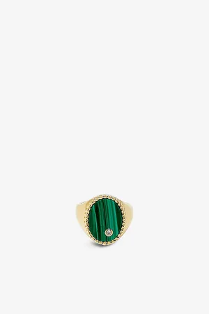 YVONNE LÉON Oval 9ct Yellow Gold, 0.015ct Diamond and Malachite Signet Ring