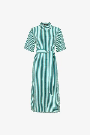 Whistles Womens Stripe-Print Belted-Waist Linen-Blend Midi Dress