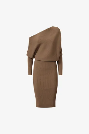 Reiss Womens Lara Off-Shoulder Draped Stretch-Knit Bodycon Midi Dress