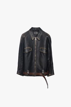 Prada Womens Vintage-Finish Triangle-Patch Leather Blouson Jacket