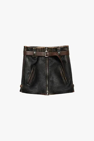 Prada Womens Vintage-Finish Buckle-Trim Leather Mini Skirt