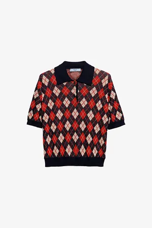 Prada Womens Argyle Short-Sleeve Cotton Knitted Polo Shirt