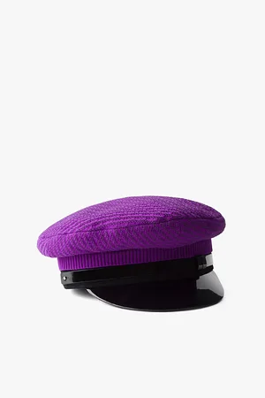 Prada Mens Geometric-Relief Motif Knit and Patent Leather Cap