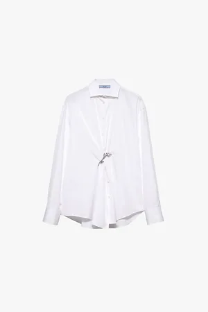 Prada Womens Brooch-Detail Long-Sleeved Cotton-Poplin Shirt