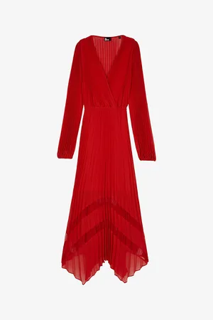The Kooples Womens Lace-Panel Pleated Woven Maxi Dress