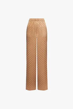Gucci Womens Monogram-Print Wide-Leg Mid-Rise Satin Trousers