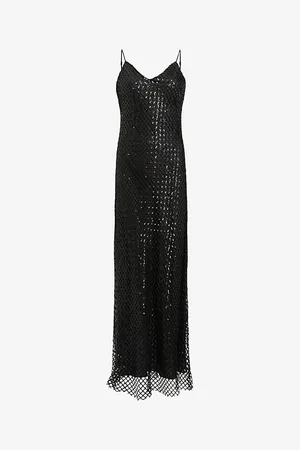 AllSaints Womens Chantelle Sequin-Embellished V-Neck Woven Midi Dress