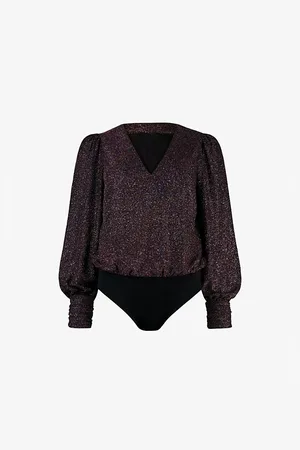 Ro&Zo Womens V-Neck Blouson-Sleeve Stretch-Jersey Bodysuit