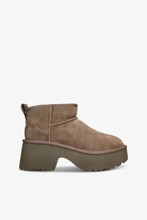 UGG Womens Classic Ultra Mini New Heights Suede and Shearling Heeled Ankle Boots