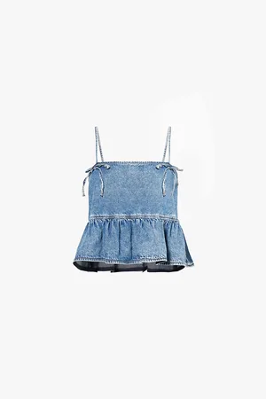 Ganni Womens Cropped Ruffled Organic-Denim Blend Top