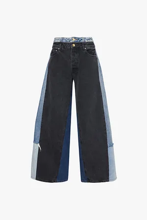 Ganni Womens Rigid Contrast-Panels Wide-Leg High-Rise Organic- Jeans