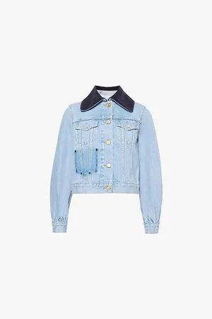 Ganni Womens Rigid Corduroy-Collar Regular-Fit Organic-Denim Jacket