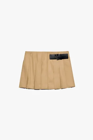 Prada Womens Pleated Leather-Belt Cotton-Twill Mini Skirt