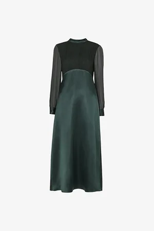 Whistles Womens Gathered-Bodice Round-Neck Satin Maxi Dress